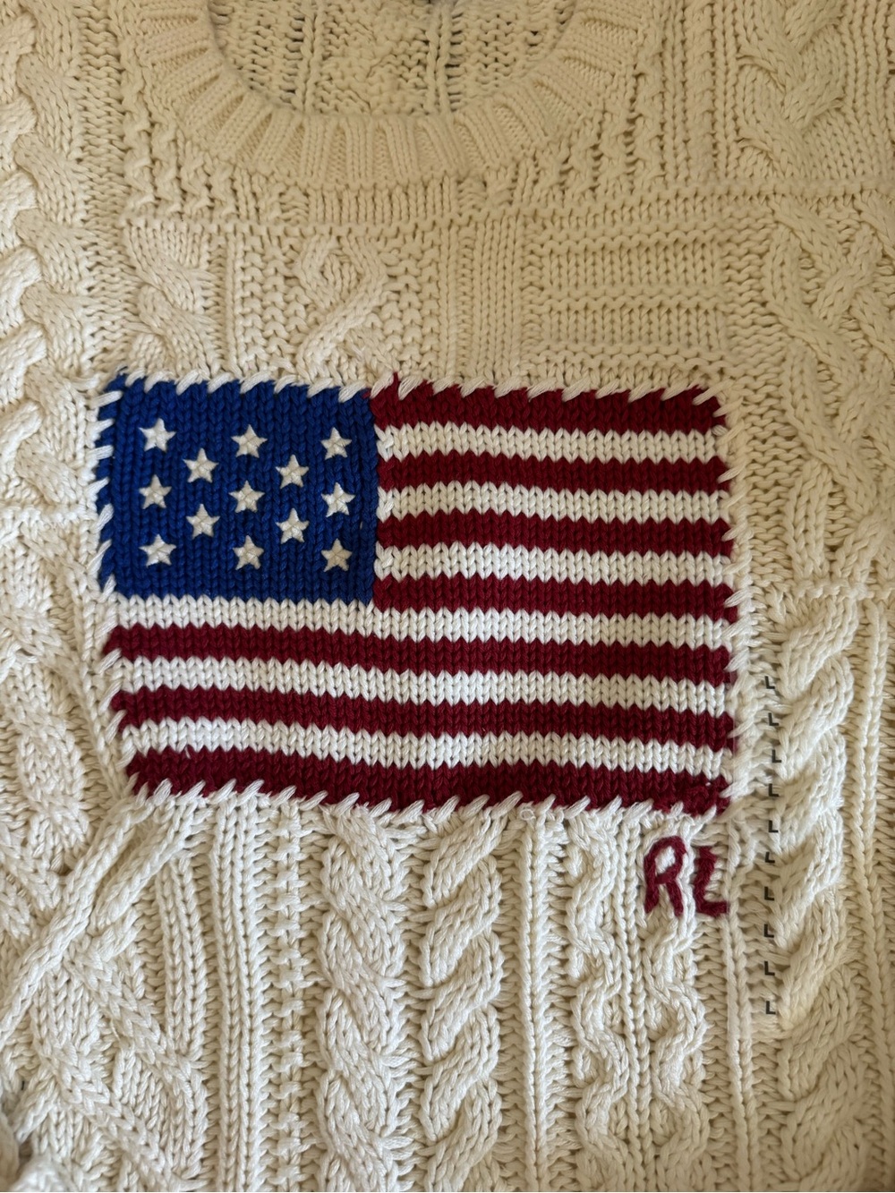 Polo by Ralph Lauren Cream Cable-Knit Sweater with American Flag USA - Picture 4 of 12